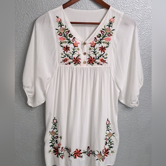 Boho Peasant Blouse With Embroidered Flowers - Picture 6 of 11